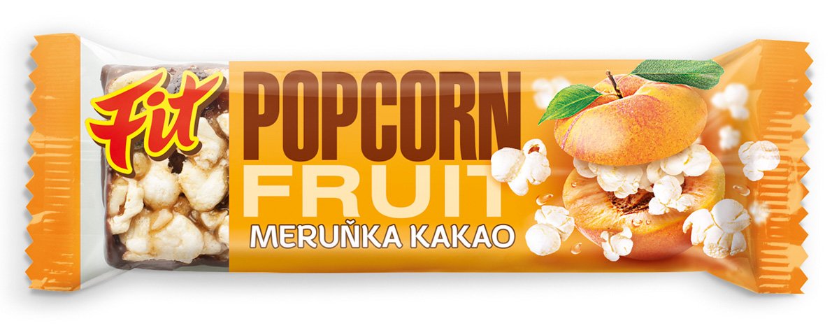 FIT POPCORN tyčinka s meruňkami a pomerančem máčená v kakaové polev